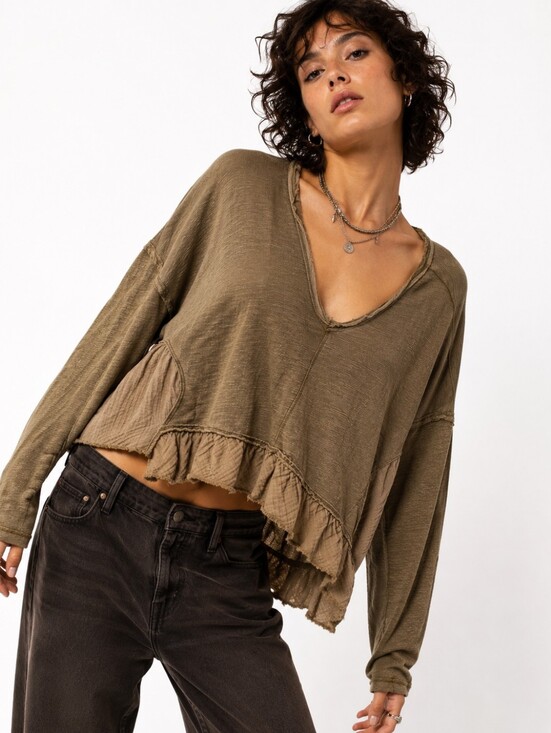 Pilcro Tops - Pilcro Anthropologie Olive Mixed Media Ruffle Hem V-Neck Top Medium